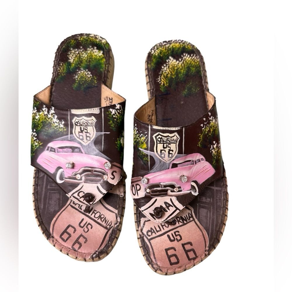 Leather Custom hand painted Route 66 California slip on sandals